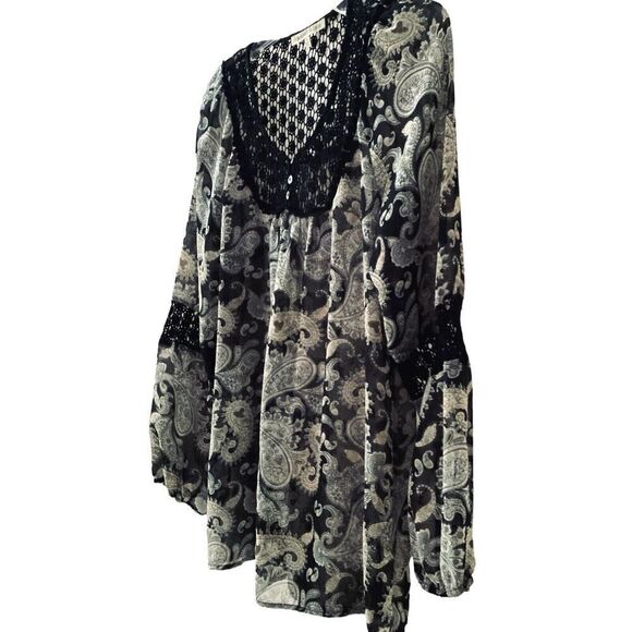 Daniel Rainn Women’s Sheer Long Sleeve Blouse Crocheted Paisley Size M - Picture 2 of 6